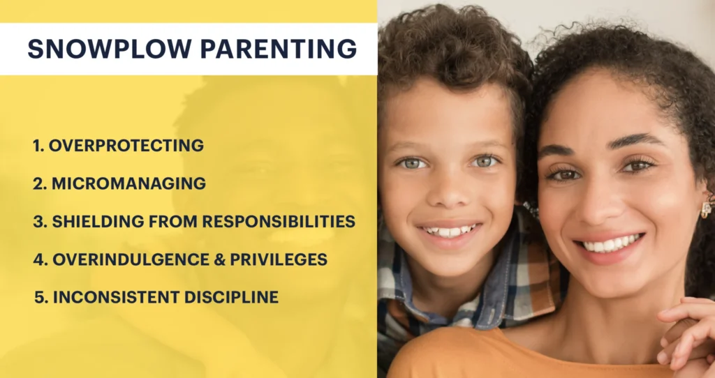 Overview of snowplow parenting types: Overprotecting, micromanaging, shielding from responsibilities, overindulgence and privileges, inconsistent discipline.