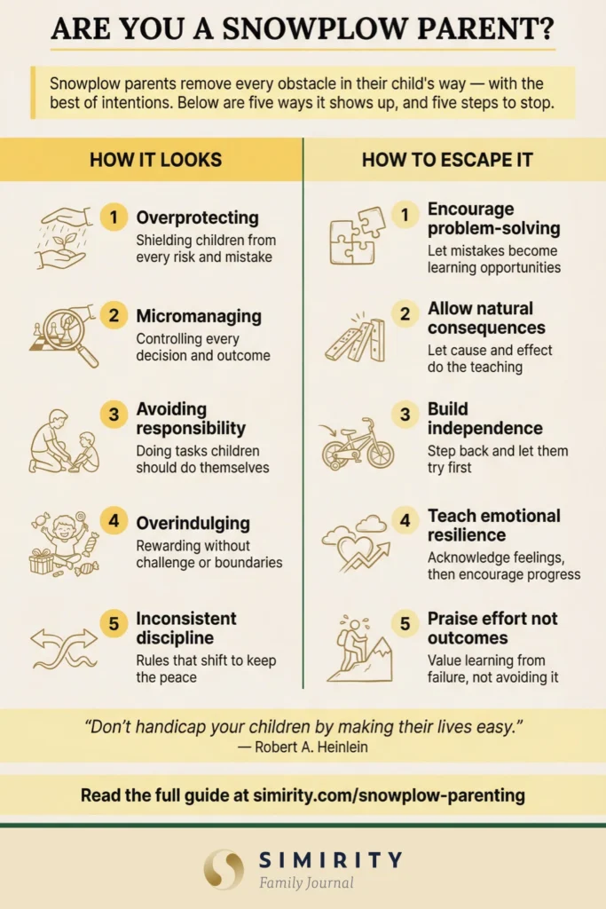 Are you a snowplow parent? 5 signs and 5 steps to stop — visual summary of snowplow parenting 