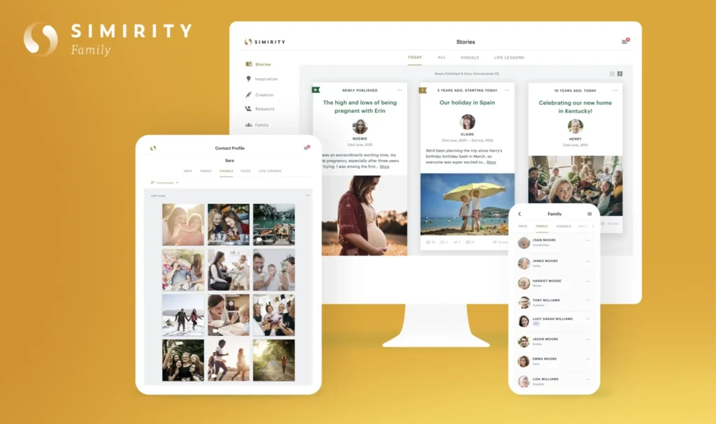 A digital app preserving family stories, being shown on several device types
