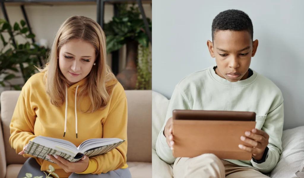 Two children reading legacy journals, one in the printed book and the other on a tablet