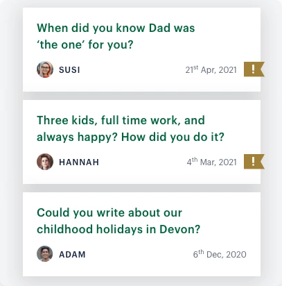 Example story requests, where one family member is requesting a journal entry from others