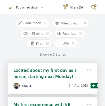 A digital family journal, showcasing search and filter options to find journal entries