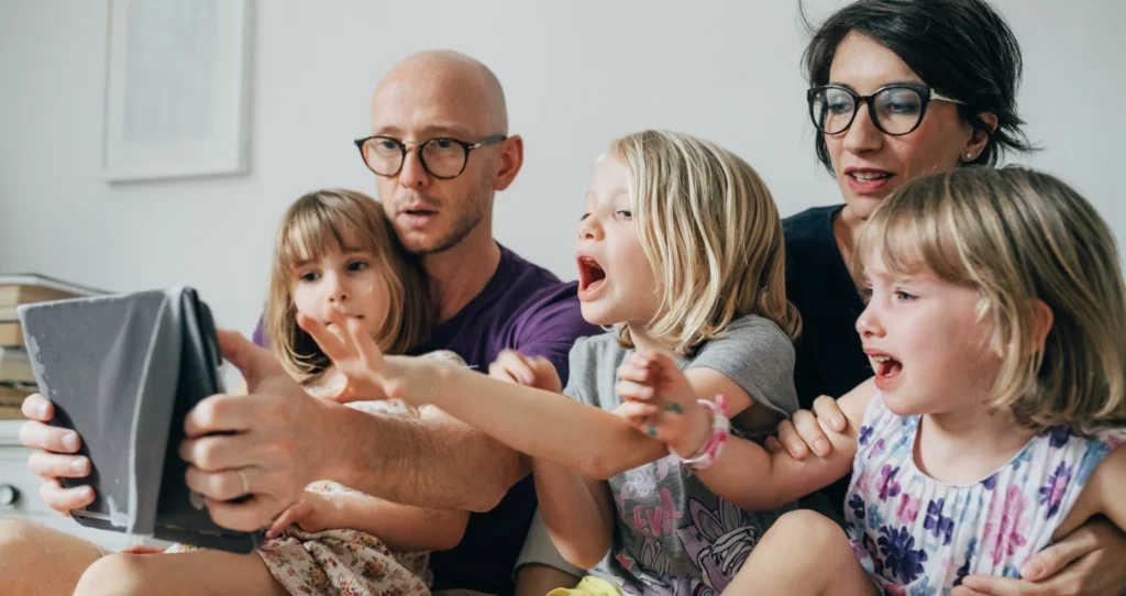 A chaotic family video call with children
