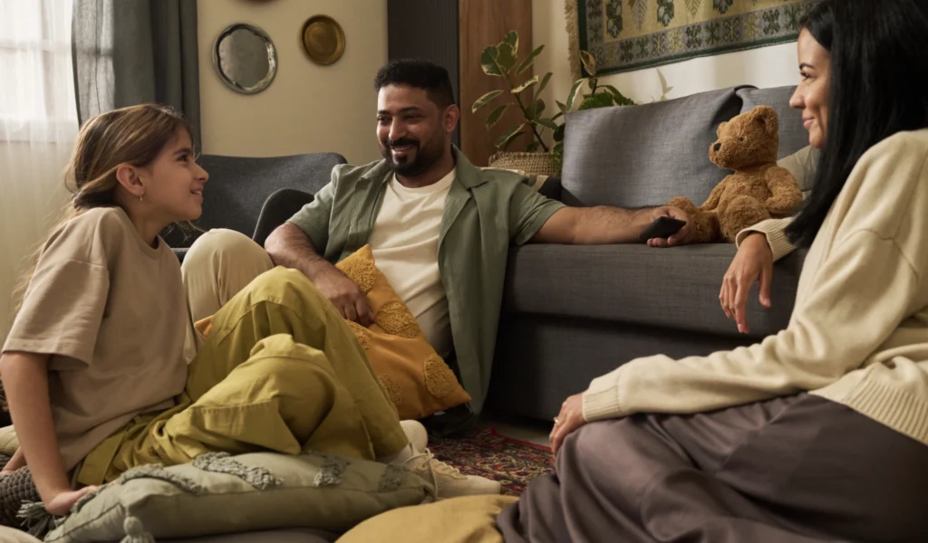 A family having a great discussion as they use a family conversation starter game.