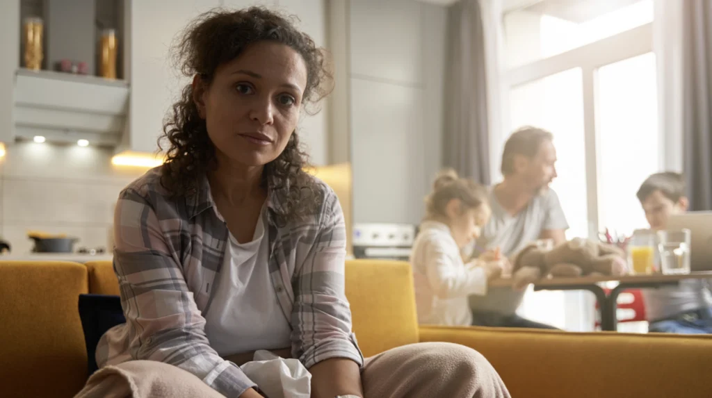 A mother looking lonely in her own home with family around her