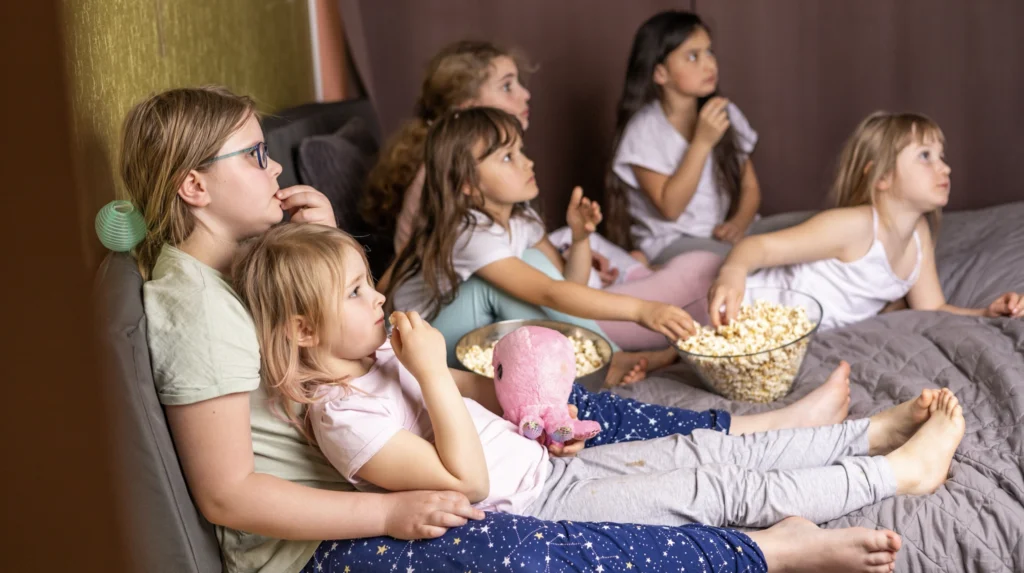A sleepover party of girls watching a movie