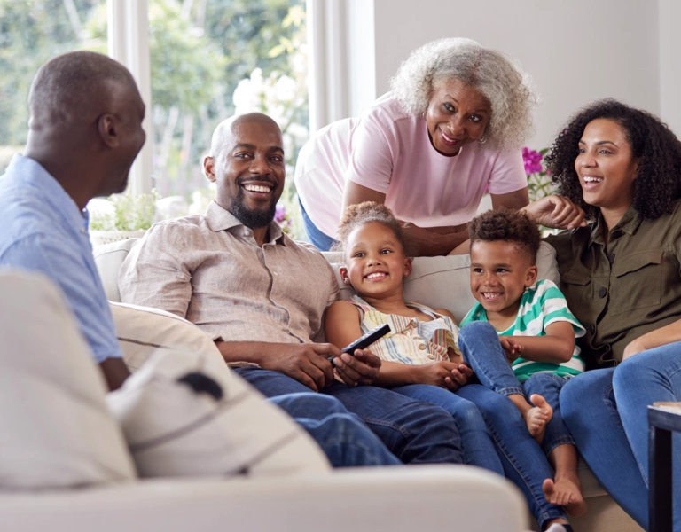 An intergenerational family sharing stories